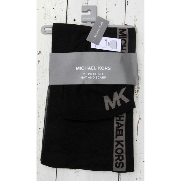Michael Kors Men's SCARF + Beanie HAT SET Jacquard Stripe NEW BLACK Gray Logo - Picture 1 of 4